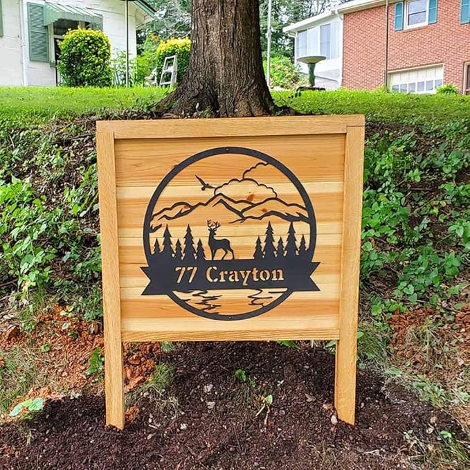 RealSteel Personalized Metal Wall Art - Circular Nature Scene with Mountains, Lake, Deer & Bird - Custom Name on Banner - Outdoor Landscape Decor for Home & Gifts - Gold, 36"