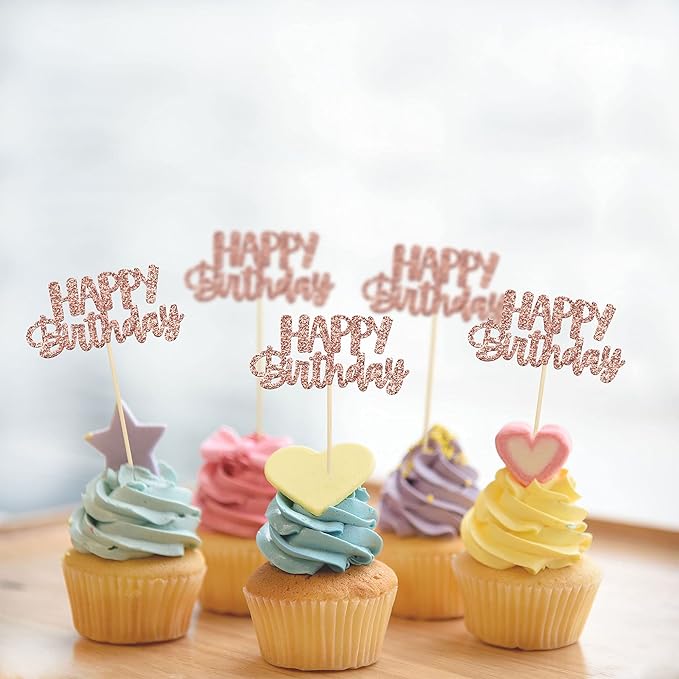 Gyufise 24Pcs Happy Birthday Cupcake Toppers Rose Gold Glitter Birthday Cake Picks for Celebrating Birthday Party Baby Shower Party Decorations Supplies