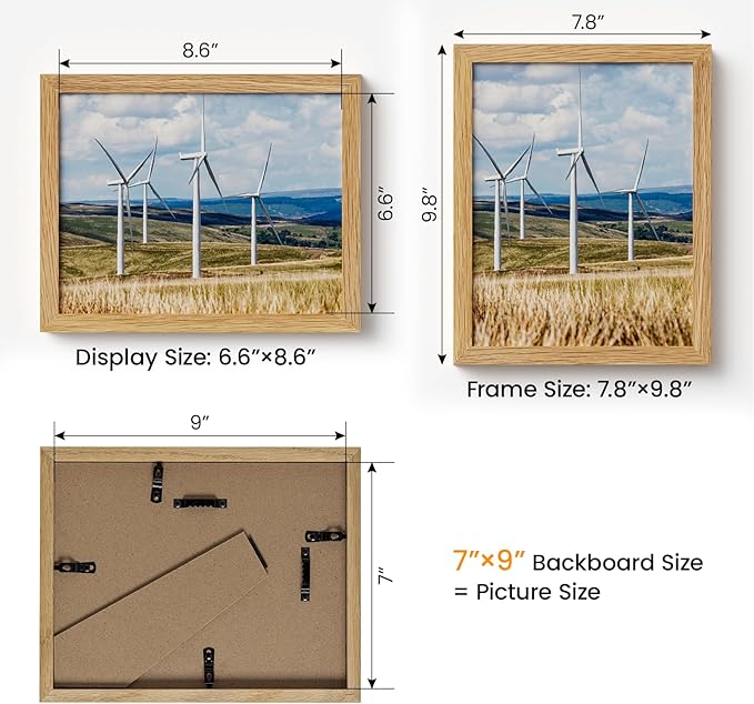 7x9 Picture Frame,Solid Oak Wood 7"x9" Photo Frame,Natural Oak Color Tempered Real Glass 7 by 9 Wooden Frames with No Mat,9x7 Picture Frames for Wall or Tabletop Display