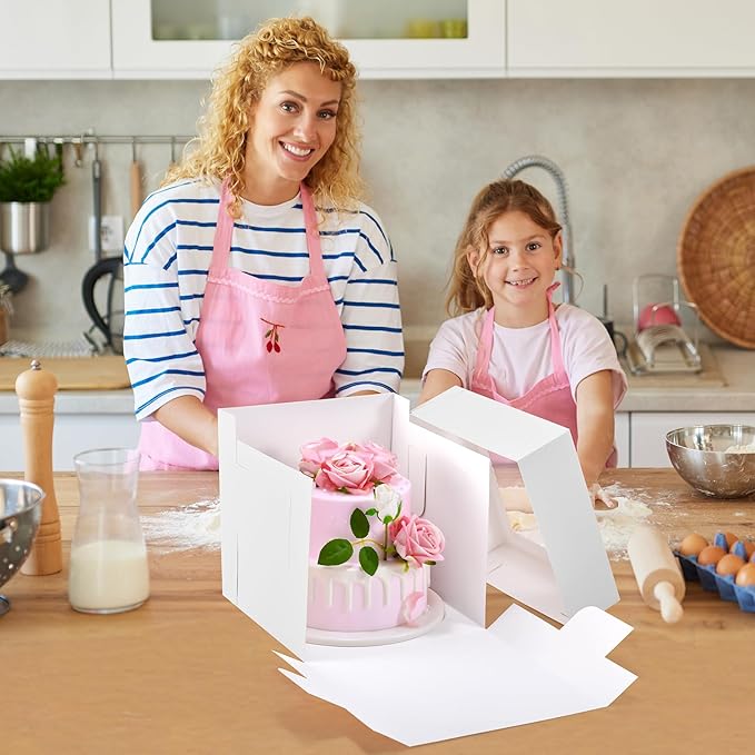 12Pcs Cake Boxes, 10x10x10 Inches Tall Cake Boxes with Window, White Disposable Tier Cake Containers for Pastries, Pie, Cookies, Chocolates, Cupcakes, Birthday Party, Wedding Bakery Boxes
