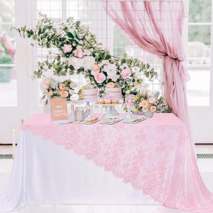 LuoluoHouse Pink Lace Tablecloth Table Fabric 6pcs 60x120 Inch for Vintage Boho Wedding Baby Shower Party Decoration Rectangle Overlay Long Vintage Embroidered Reception Table Cloth Decor