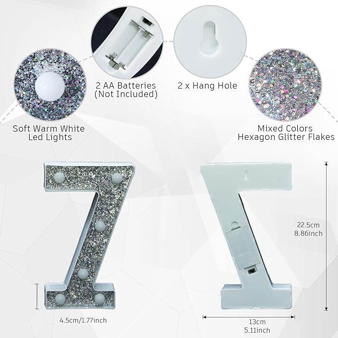 Marquee Light Letters for Table Decorations, Glitter Light Up Signs for Prom, Events, or Engagement Party Decor, Featuring Alphabet & Number Lighted Letters, Number 7