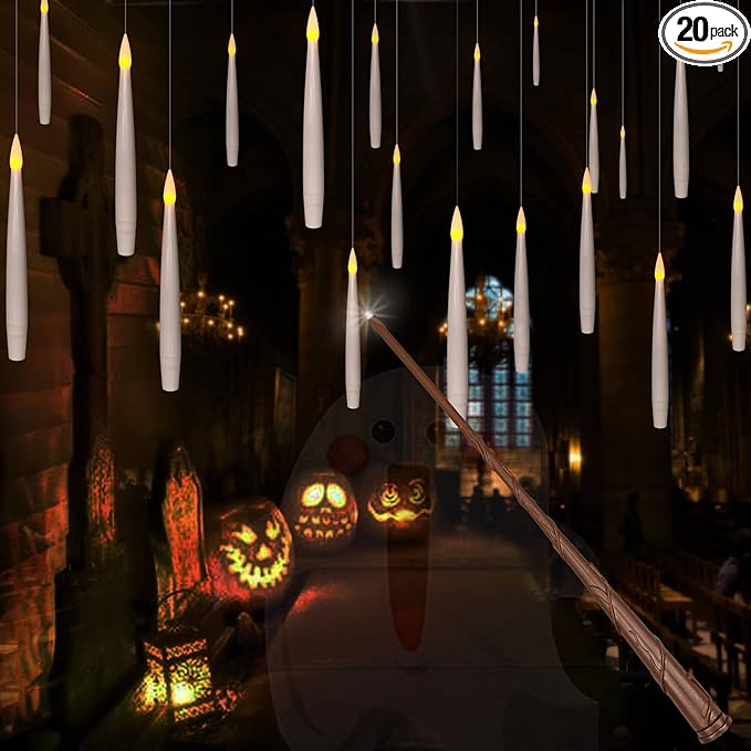Leejec 20pcs Flameless Taper Floating Candles with Magic Wand Remote, Flickering Warm Light, Battery Operated 6.1" LED Electric Window Candle, Decor for Christmas, Wedding, Halloween, Birthday Party
