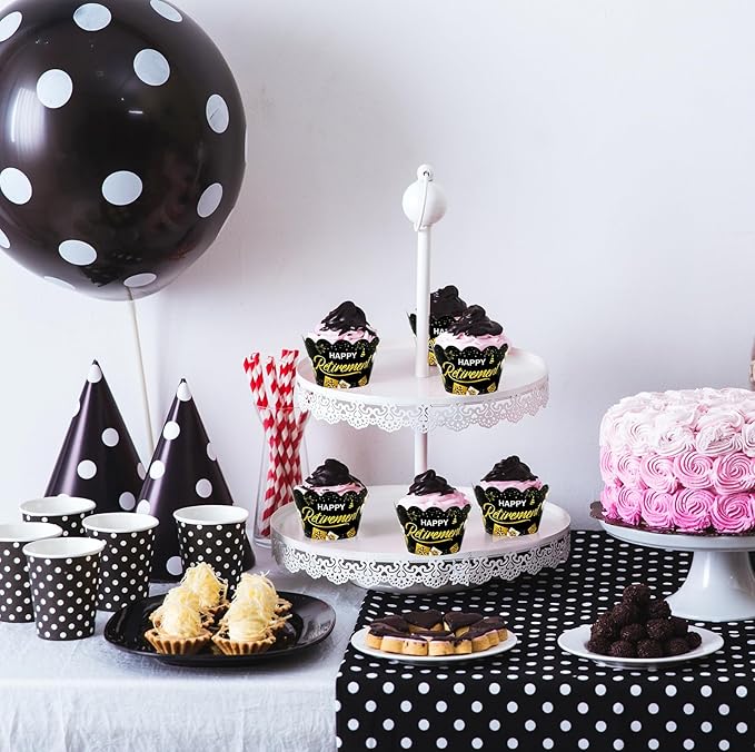 Whaline 36Pcs Happy Retirement Cupcake Wrappers Black Gold Retirement Cupcake Liners Decorative Cupcake Holders for Party Cake Dessert Decoration