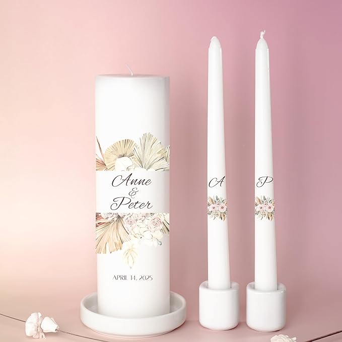 Unity Candles for Wedding, Modern Unity Set, Custom and Personalized Pillar and Taper Candles, Unscented White Premium Wax, Religious and Wedding Ceremony, Special Events (Palm)