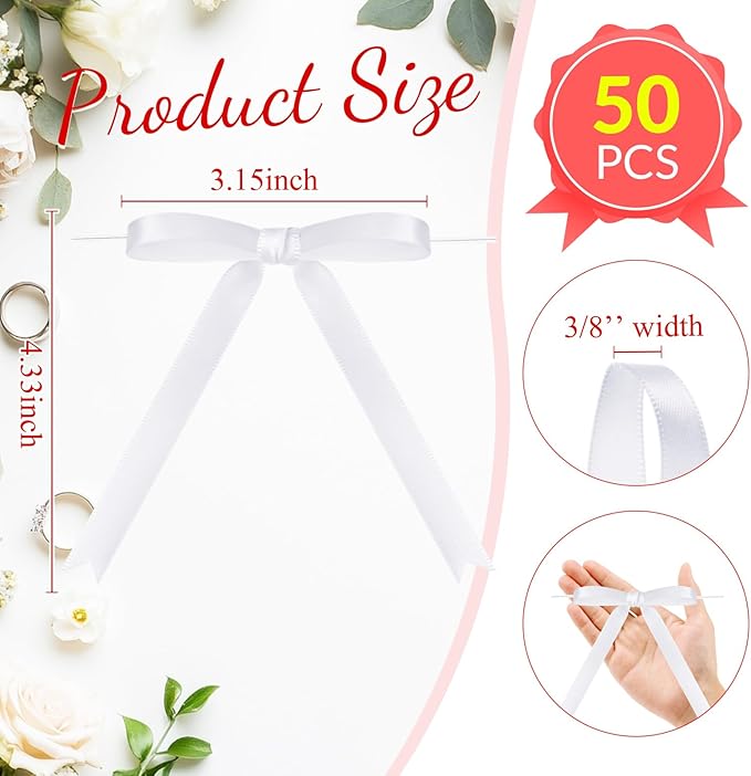 Riceshoot 50 Pcs Twist Tie Bows for Cake 3x4.5 Inch Satin Ribbon Bows for Gift Wrapping Treat Bags Craft DIY Wedding Baby Shower Birthday Party(White)
