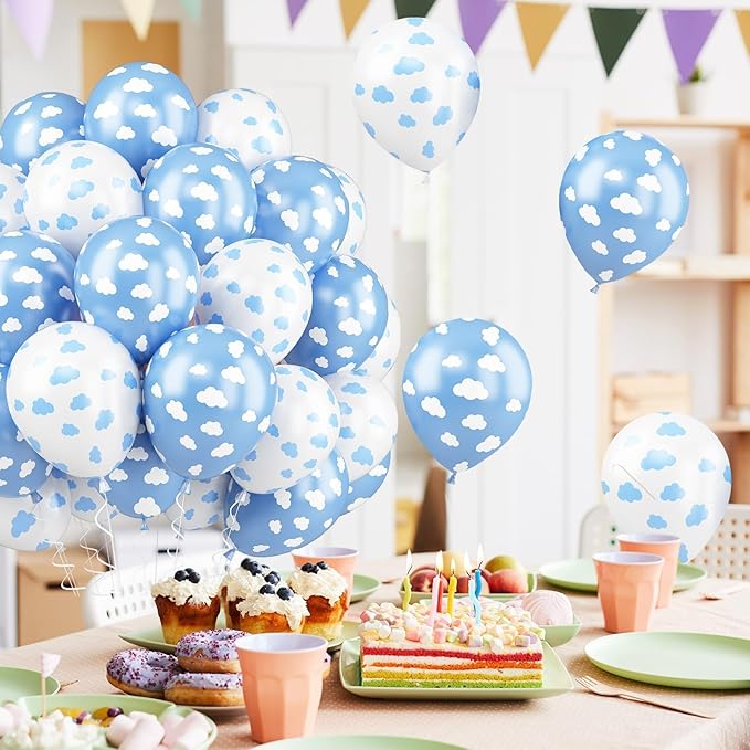 Cloud Balloons, 52 PCS 12 Inch Blue White Balloons With Clouds Print for Birthday, Baby Shower, Cloud Themed Party Decorations Supplies
