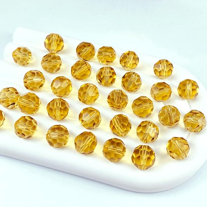 100 PCS 8mm Crystal Glass Beads Round Multiple Faceted Loose Spacer Glass Beads for DIY Handcrafte Bracelet Necklace Earring Jewelry Making(Gold Champagne)
