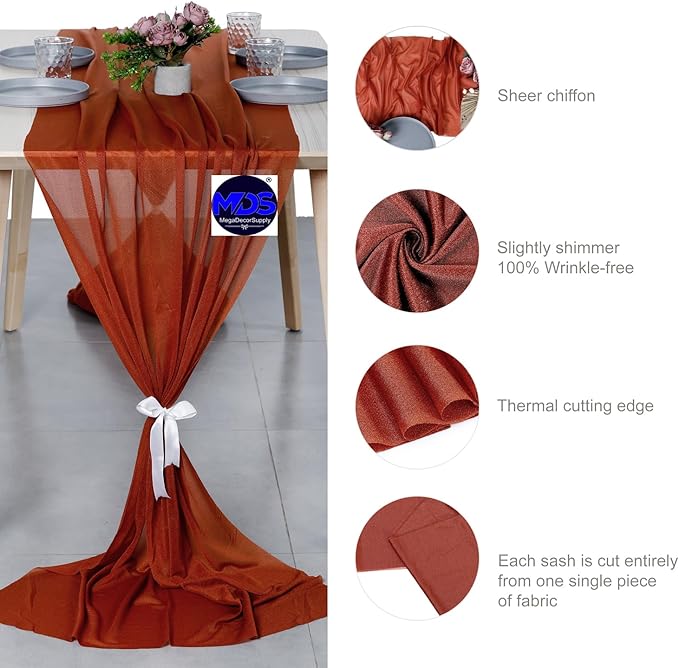 MDS Halloween Chiffon Table Runner - 5 Pack, 29 x 170 Inches, 14ft Each - Sheer Spooky Table Runners for Haunted House Parties, Trick-or-Treat Tables, Witchy Décor, Wedding & Events - Terracotta