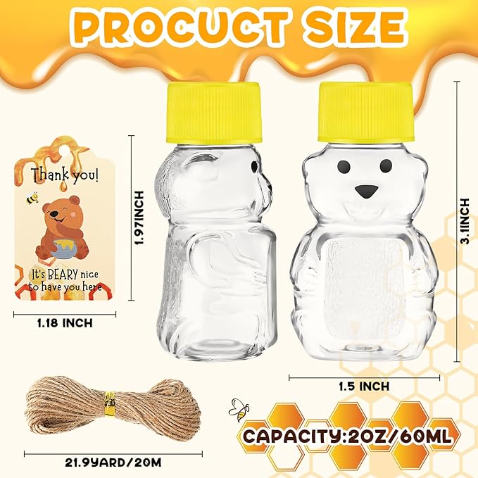 96 Sets 2 oz Plastic Honey Bear Bottle Bear Shape Clear Empty Honey Jar 96 Tags 2 Rolls Jute Rope Honey Containers Empty Honey Dispenser for Baby Shower Party Favors Gifts (Yellow Lid)