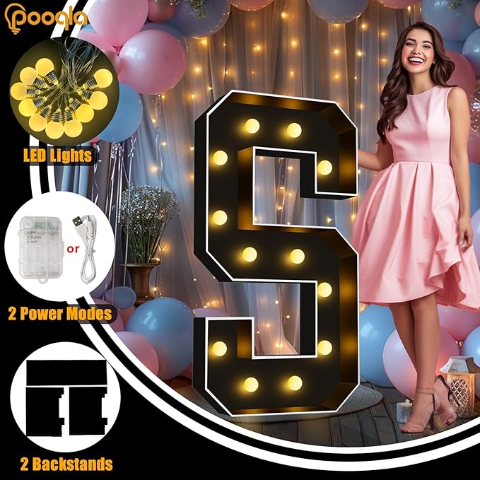 Pooqla 4 FT Marquee Light Up Letters, Black Marquee Letter Lights 4 Feet Tall for Birthday Decoration, Big Mosaic Letters Sign for Balloons Party Anniversary Wedding Decorations, Giant Warm White &