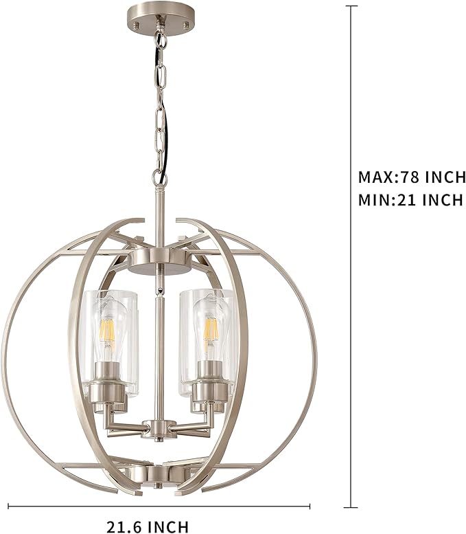 Large Lantern Globe Brushed Nickel Chandelier Lighting, Adjustable Hanging Ceiling Pendant 4 Light for Kitchen, Dining Room, Living Room, Hallway, Bedroom
