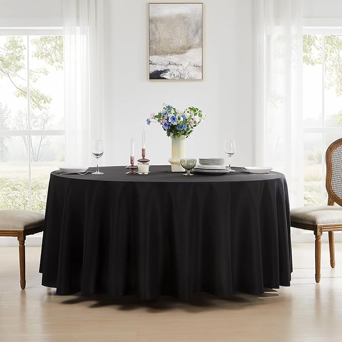Round Tablecloth 132 Inch 1 Pack Black Tablecloths Washable Decorative Linen Polyester Table Clothes Cover for Dining Table Banquets Buffet Parties and Wedding