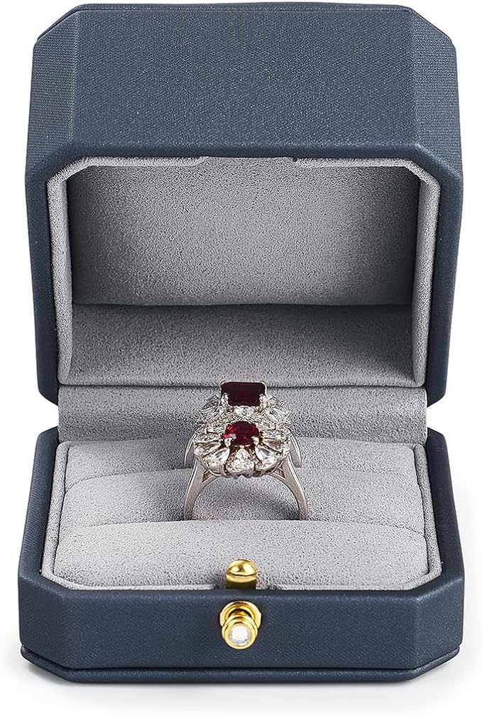 Oirlv Premium Leather Double Ring Box for Wedding Ceremony Engagement Couple Rings Holder Jewelry Gift Box(Blue,Double)