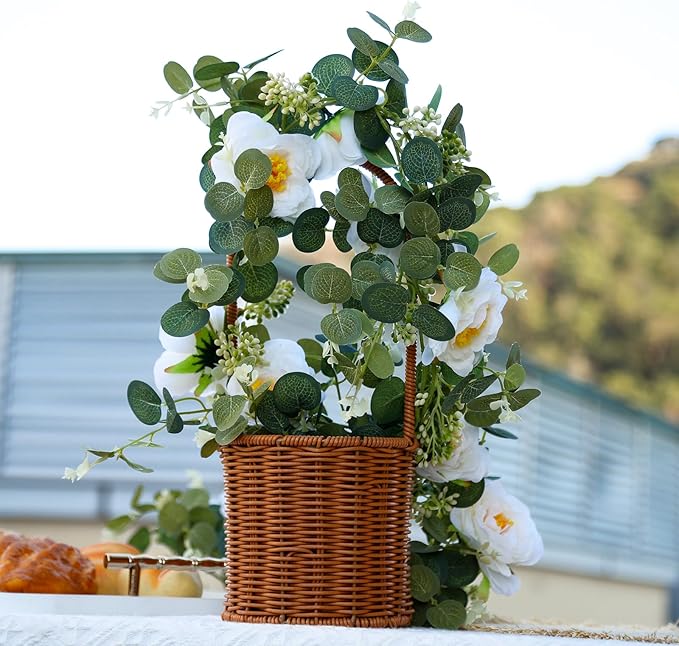 2 Pcs Total13Ft Eucalyptus Flower Garland with Fake Rose Flower, Artificial Fake Flowers Greenery Garland Floral Vines for Decoration Party Wedding Table Indoor Outdoor Backdrop Wall Decor(White)