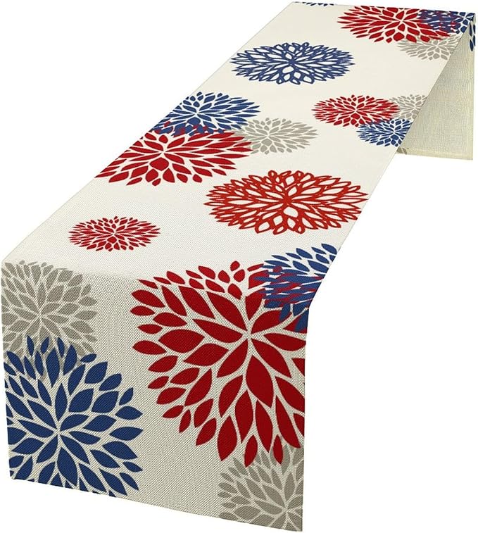 4th of July Table Runner, Blue Red Dahlia Flower American Patriotic Memorial Day Table Runner for Farmhouse Kitchen Dining Table Party Decor, 13x108inch