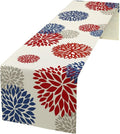 4th of July Table Runner, Blue Red Dahlia Flower American Patriotic Memorial Day Table Runner for Farmhouse Kitchen Dining Table Party Decor, 13x120inch