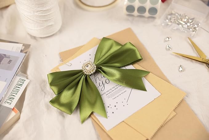 Olive Green Satin Ribbon 1-1/2 inch X Continuous 50 Yards, Single Face Polyester Ribbon Perfect for Gift Wrapping, Flower Bouquet, Wedding Decor, Crafts, Bow Making, Sewing and More