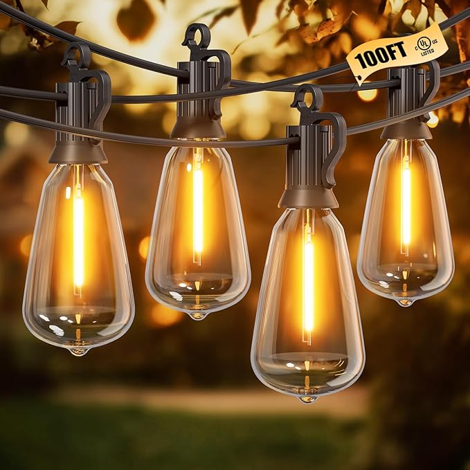 Outdoor-String-Lights-Patio-Lights, 100FT ST38 Shatterproof Dimmable Waterproof Connectable LED Christmas Lights, Hanging Outside Light for Backyard, Porch, Deck, Balcony, Garden, Home Decor