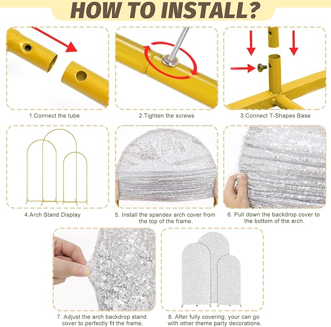 MODFUNS Arch Backdrop Stand and Cover Set 6&6.6&7.2ft Silver Sequins Arch Covers Set of 3 Gold Arched Backdrop Stands Chiara Arches Cover for Party Baby Shower Banquet Wedding Decoration