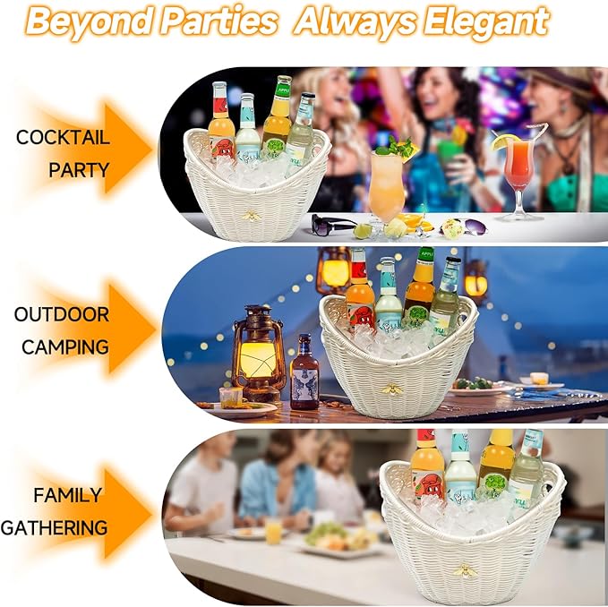 Lexenic Ice Bucket with Handle Hole, Woven and Acrylic Double Layer Basket Design, 4L Champagne Wine Ice Bucket for Cocktail Bar, Parties- Anti Frozen Hands Anti Water Leakage (Plastic-White)