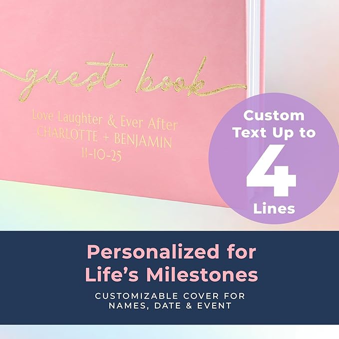 Promot Personalized Guestbook for Party (Pastel Pink) - 110 Lined Pages in Wood-Free Vegan Leather Hard Cover - Wedding Guest Book Sign in and Photos, Baby Shower, Birthday or Graduation