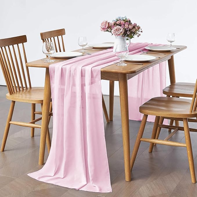 2 Pack 10Ft Blushing Pink Chiffon Table Runner Sheer 29x120 Inch for Romantic Wedding Decor Bridal & Baby Shower Birthday Rustic Party Decoration