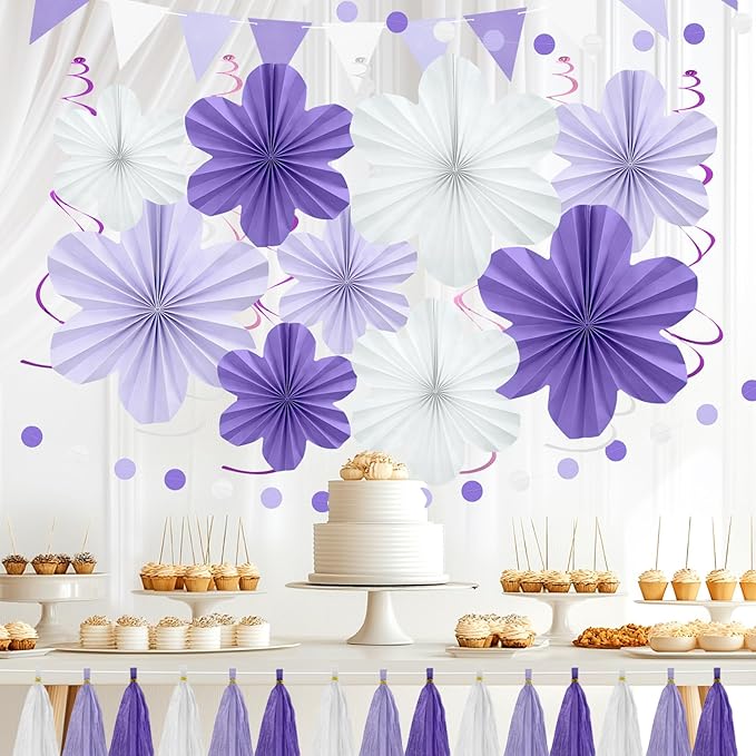 Lavender Birthday Party Decorations - Purple White Party Decorations with Hanging Paper Flowers,Tassel Garland and Swirls for Women Girl, Baby Showers Wedding Bachelorette Party Supplies