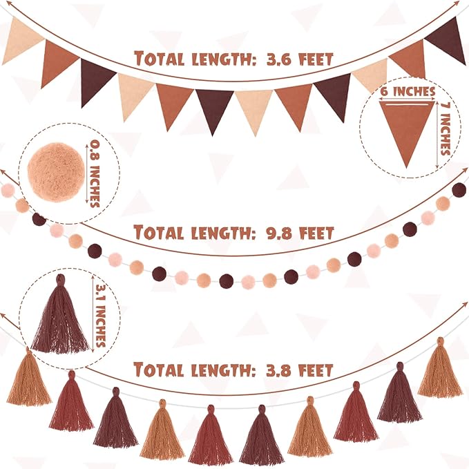 Irenare 9.8 ft Pom Pom Garland Felt Colorful Tassel Banner Christmas Party Pompoms Garland Decorations Felt Pennant Banner for Classroom Home Mantel Fireplace Birthday(Gradient Brown)