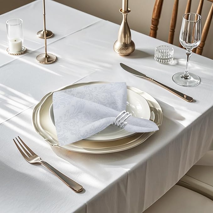 White Jacquard Square Napkin, Damask Wrinkle Resistant Soft Polyester Napkins, Fabric Cloth Dinner Napkins for Daily, Wedding, Birthday, Anniversary, Holiday, Parties, Set of 4 (White, 20X20" Napkin)