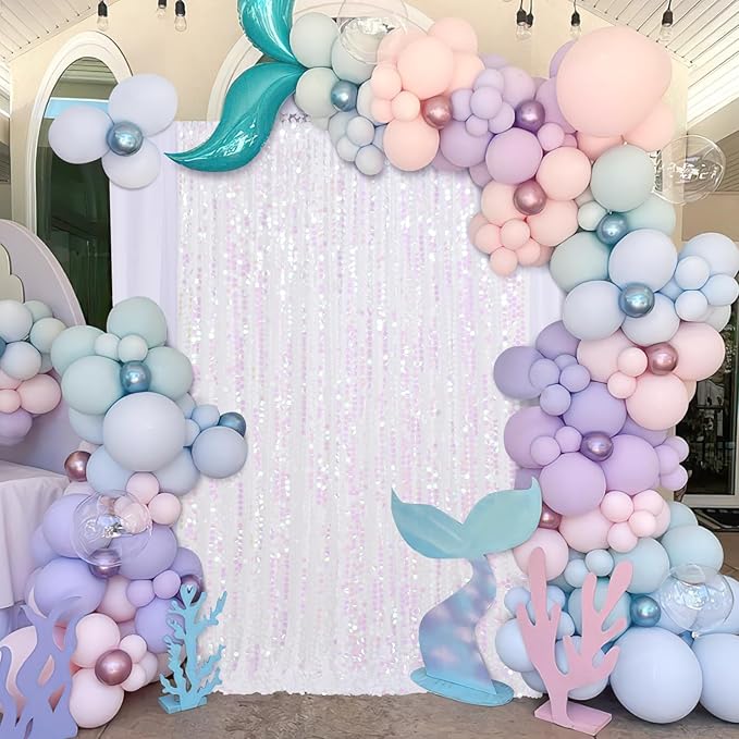 Large Payette Sequin Backdrop 2 Panels 4ftx8ft Iridescent White Glitter Fabric Curtains Mermaid Themed Party Backdrop Backgrounds