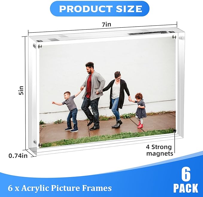 6 PACK Clear Acrylic Picture Frames 5x7 inch Vertical or Horizontal Stand-Up Desktop Table Top Acrylic Photo Blocks Frame Set with Heavy Magnetic Double-Sided Clarity - Ideal for Wedding,