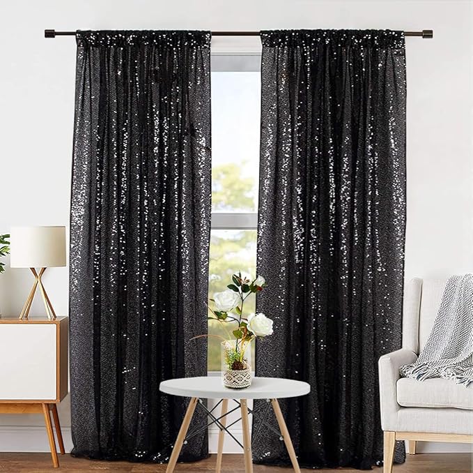 Eternal Beauty Black Sequin Backdrop Curtains, Halloween Shimmer Back Drop 2Panels-2FTx8FT for Christmas, Party, Birthday, Photography, Wedding, Baby Shower Event Decoration