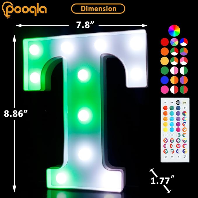 Pooqla Colorful Light Up Letters with Remote, Upgraded 35 Colors LED Marquee Letters, RGB Lighted Letter for Girls Teenager Gift, Birthday, Party, Wedding, Night Light, Room, Bedroom Decor, Letter T