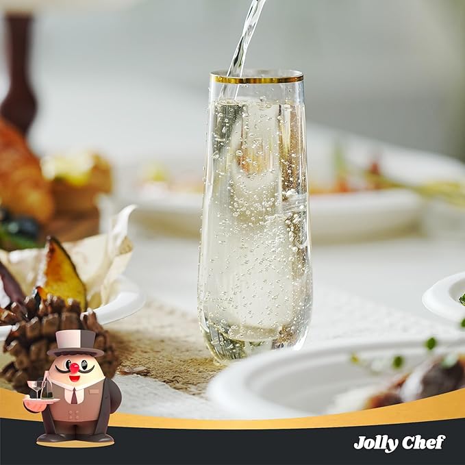JOLLY CHEF 36 Pack 9 Oz Plastic Champagne Flutes, Gold Stemless Plastic Toasting Glasses| Shatterproof | Heavy Duty | Plastic Disposable Unbreakable Drinkware for Wedding, Birthday, Party
