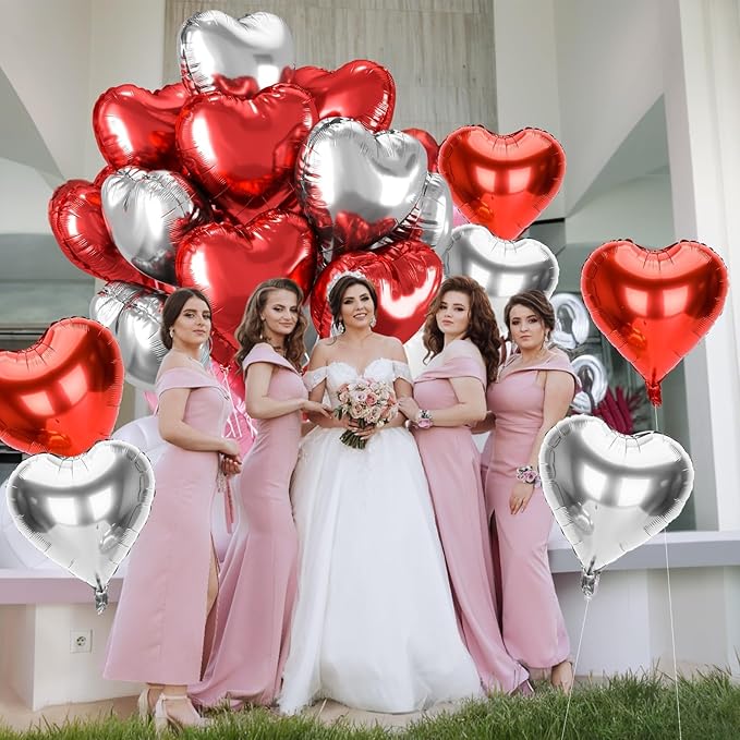 12 Pcs Heart Balloons, 18 inch Valentine's Day Heart Shaped Balloons, Red Silver Foil Helium Balloon, Love Foil Balloon for Valentine's Day Wedding Baby Shower Party Decorations