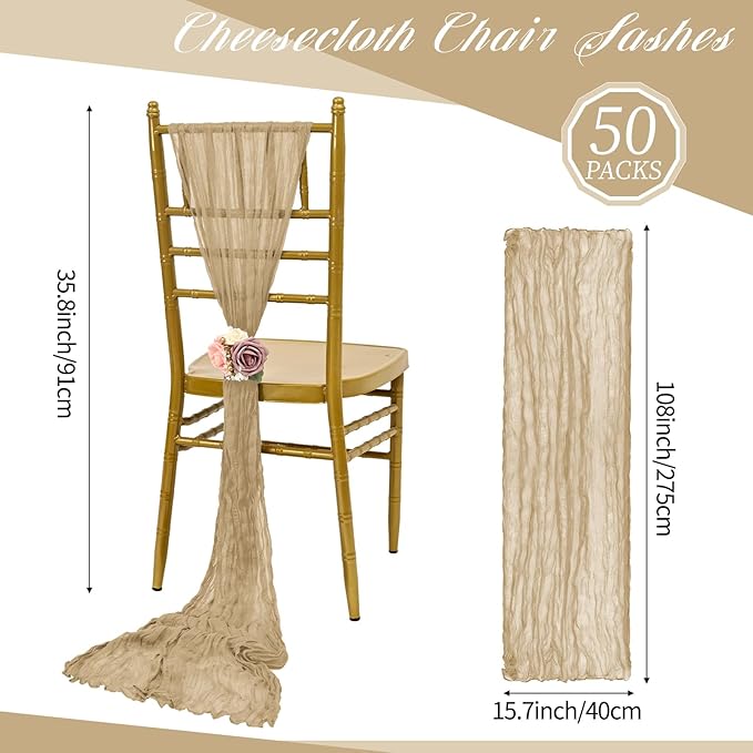 50 PCS Cheesecloth Chair Sashes, Bows Designed ChairSashes, 15.7x108 inch Chair Sashes for Aisle Decorations Universal Chairs Cover Decoration for Wedding Reception Party Banquet (Beige)