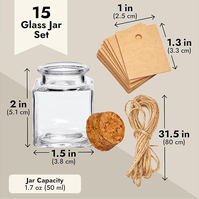 BLUE PANDA 15 Pack Small Glass Bottles with Cork Stoppers - Mini Jars with Cork Lids, Twine, and Blank Tags for Crafting & Spices - Small Bottles 1.7 Oz (50ml)