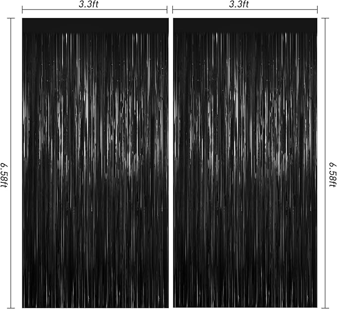 Black Foil Curtain Backdrop,2Pack Black Metallic Tinsel Foil Fringe Curtains Photo Booth Props for Birthday Wedding Engagement Baby Shower Bachelorette Christmas Halloween Disco Party Door Decorations
