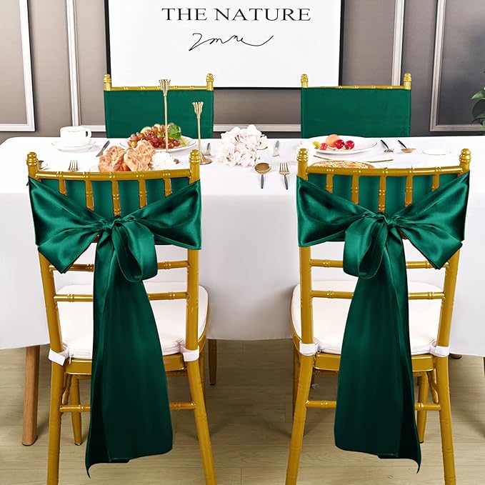 fani 60 PCS Forest Green Satin Chair Sashes Bows Universal Chair Cover for Wedding Reception Restaurant Event Decoration Banquet,Party,Hotel Event Decorations (7 x 108 inch)