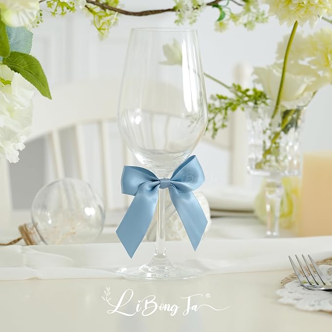 3.5" Dusty Blue Bow Satin Pre-Tied Bows for Gift Wrapping, Small Bows for Crafts, Premade Bows, Candy Apple Bows, Twist Tie Bows for Cake Decorating, Party Favor, Wedding Decoration-36 Counts
