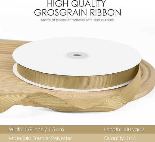 100 Yards 5/8 inch Grosgrain Ribbon, Solid Color Fabric Ribbon Perfect for Gift Wrapping, Wedding, Handmade Bows, Floral Bouquets and Party Decoration(Champagne Gold)