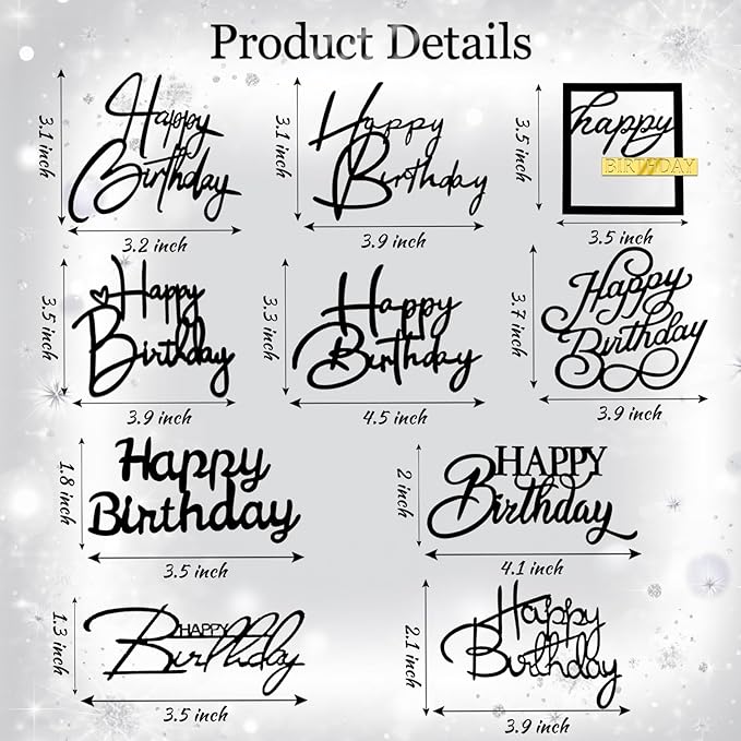 10 PCS Black Birthday Cake Topper Mirror Acrylic Happy Birthday Cake Toppers Double-Sided Dessert Decorations for Girls Women's Party Supplies