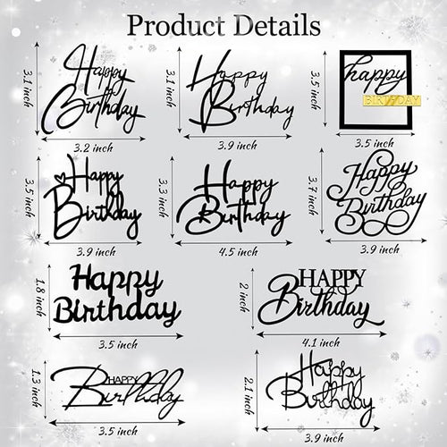 10 PCS Black Birthday Cake Topper Mirror Acrylic Happy Birthday Cake Toppers Double-Sided Dessert Decorations for Girls Women's Party Supplies