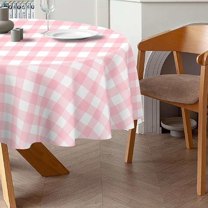 QIKSION Pink Gingham Round Tablecloth 3 Pack, 84 Inch Plastic Checkered Table Cover Disposable for Parties