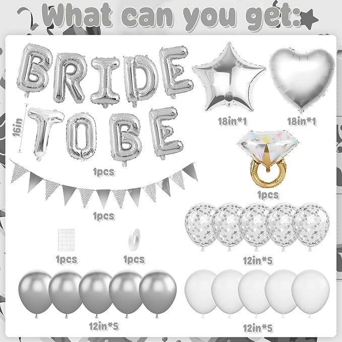 Silver Bachelorette Party Decorations, Silver Bride To Be Bridal Shower Balloons Decorations, Metallic White Balloon with Diamond Ring Star Heart Balloon for Bachelorette Engagement Wedding