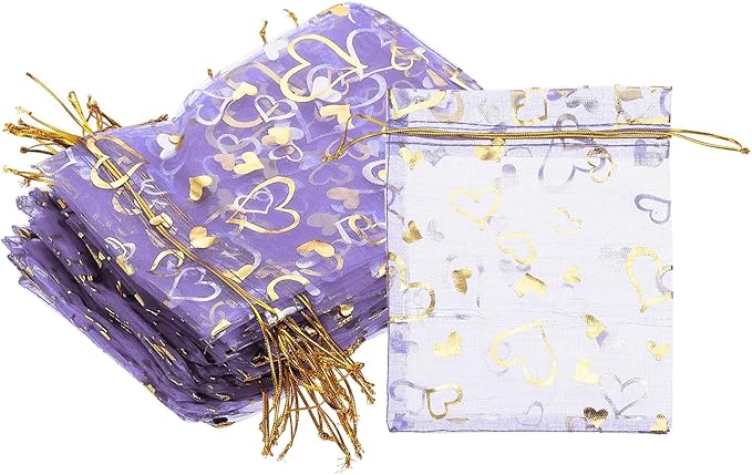 PATIKIL 100 Pcs 5x7 Inch Heart Printed Organza Bags, Purple Sheer Heart Organza Bags with Drawstring for Christmas Candy Jewelry Party Wedding Favor Gift