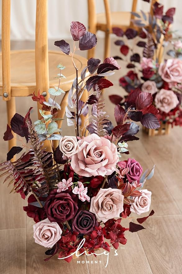 Ling's Moment 17.5" Tall Free Standing Artificial Flowers Arrangements 4 pcs Wedding Aisle Runner Chair Decorations Burgundy & Dusty Rose for Ceremony Reception Rose Floral Party Outdoor Centerpieces