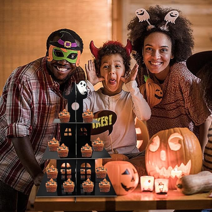 3-Tier Halloween Cupcake Stand Tower Halloween Castle Cake Stand Halloween Round Cardboard Dessert Tower Dessert Tree Tower for Halloween Party Supplies Dessert Serving Tray for Halloween Decorations