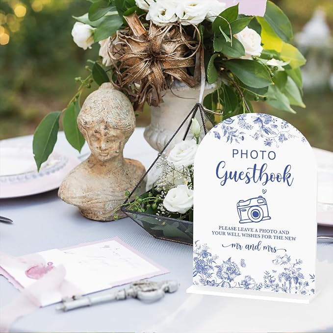 Acrylic Wedding Signs, Dusty Blue Wedding Decor, Blue Weddings Decor, Photo Guestbook Signs for Reception, Modern Calligraphy Arch Acrylic Table Top Sign for Weddings Parties Dinners (White)